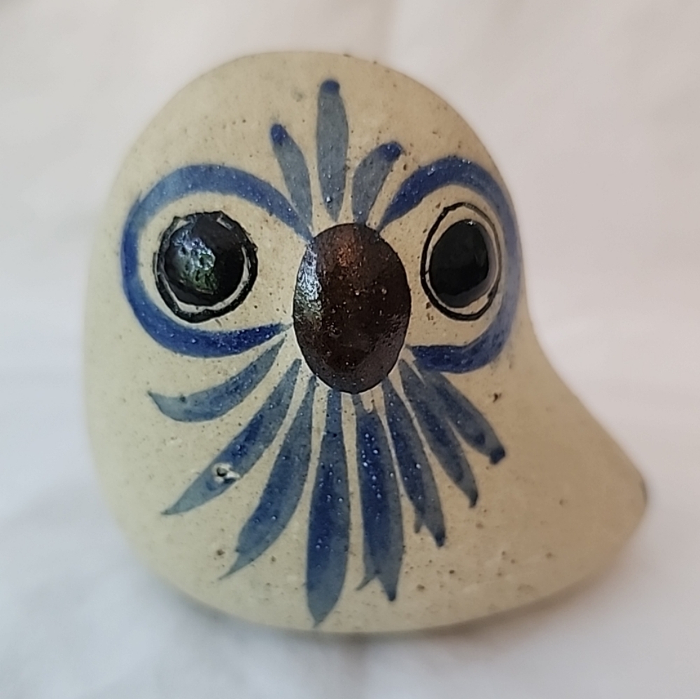 Vintage Tonala Art Pottery Owl Sculpture Hand Painted Figurine Mexico Signed